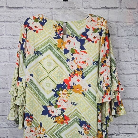 Cato Work Dress Pleated Bell Sleeve Shift Boho A-line Green Floral Tile Print - Picture 9 of 11
